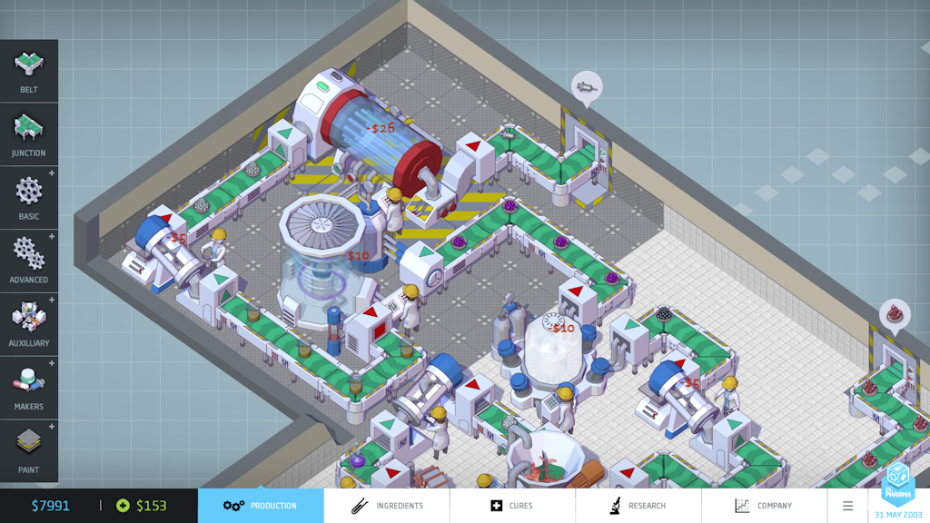 "Big Pharma" game Conveyorbelt driven medicine tycoon Games